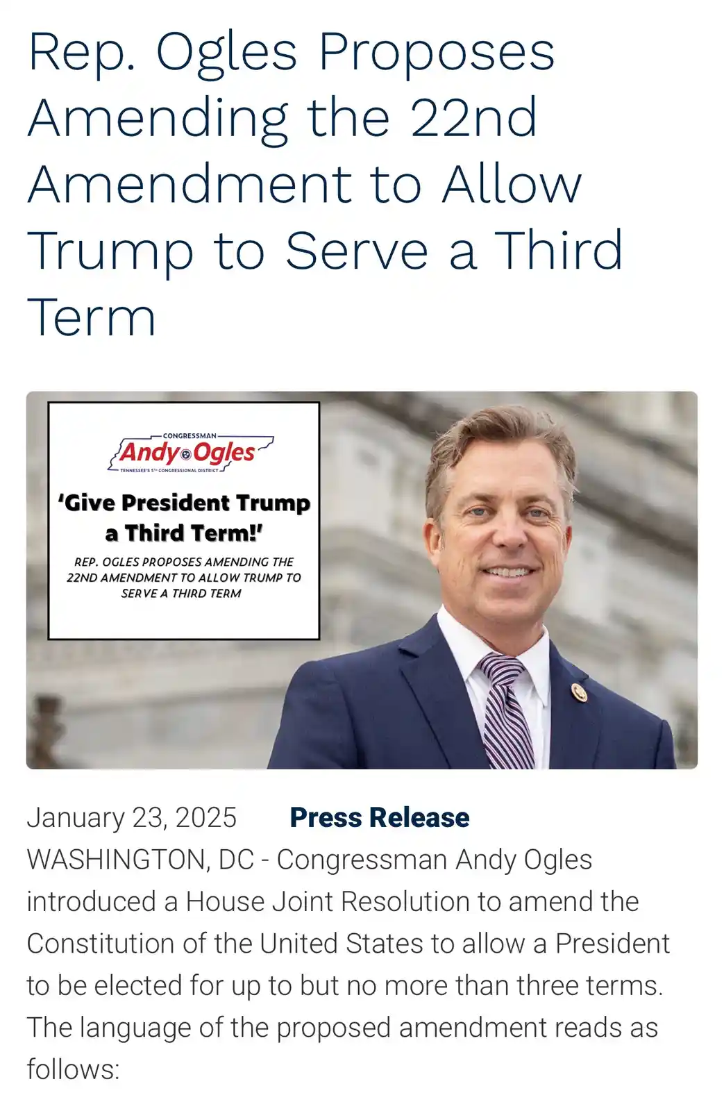 The image displays a press release dated January 23, 2025, featuring a photo of Congressman Andy Ogles. Overlaid text at the…