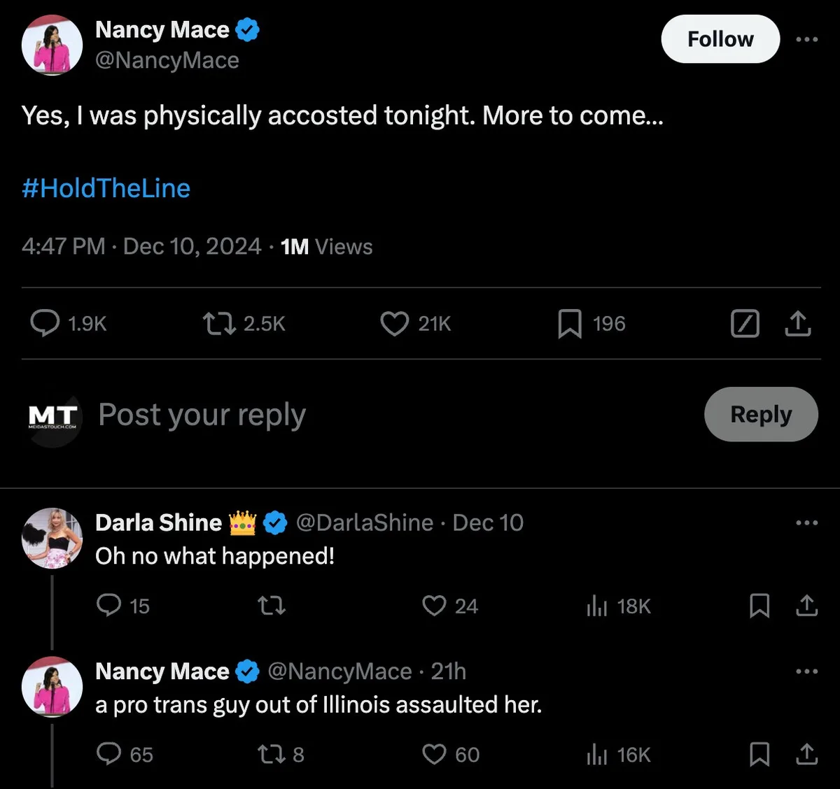 A screenshot of a Twitter thread shows Nancy Mace's tweet stating she was physically accosted, followed by a reply asking…