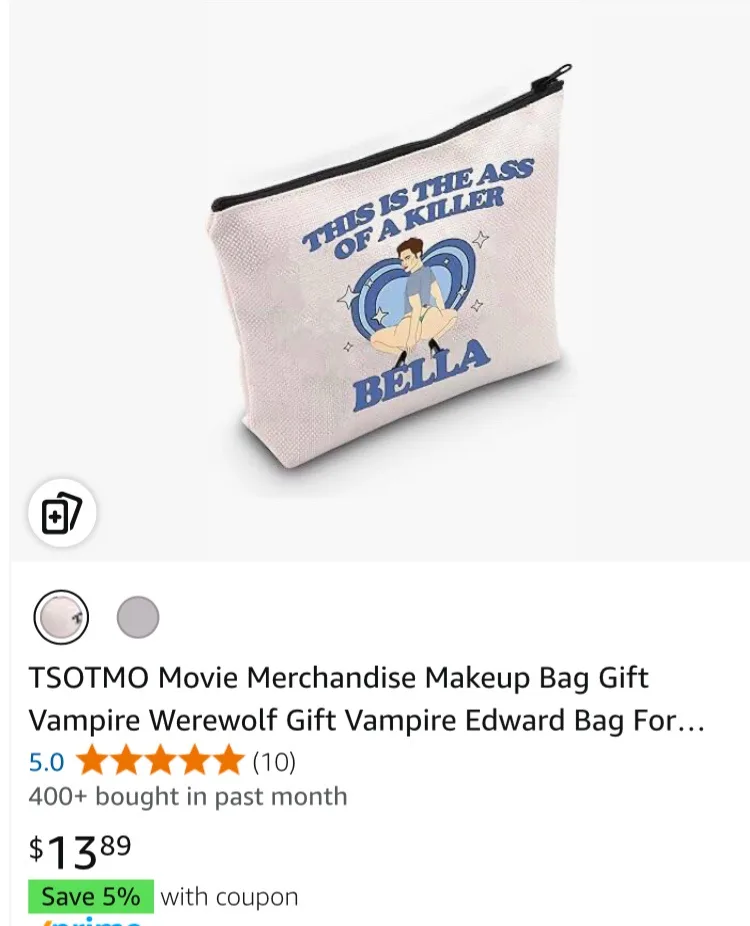 A beige makeup bag with a black zipper displays a cartoon illustration of a man sitting on a stylized heart. Above the…