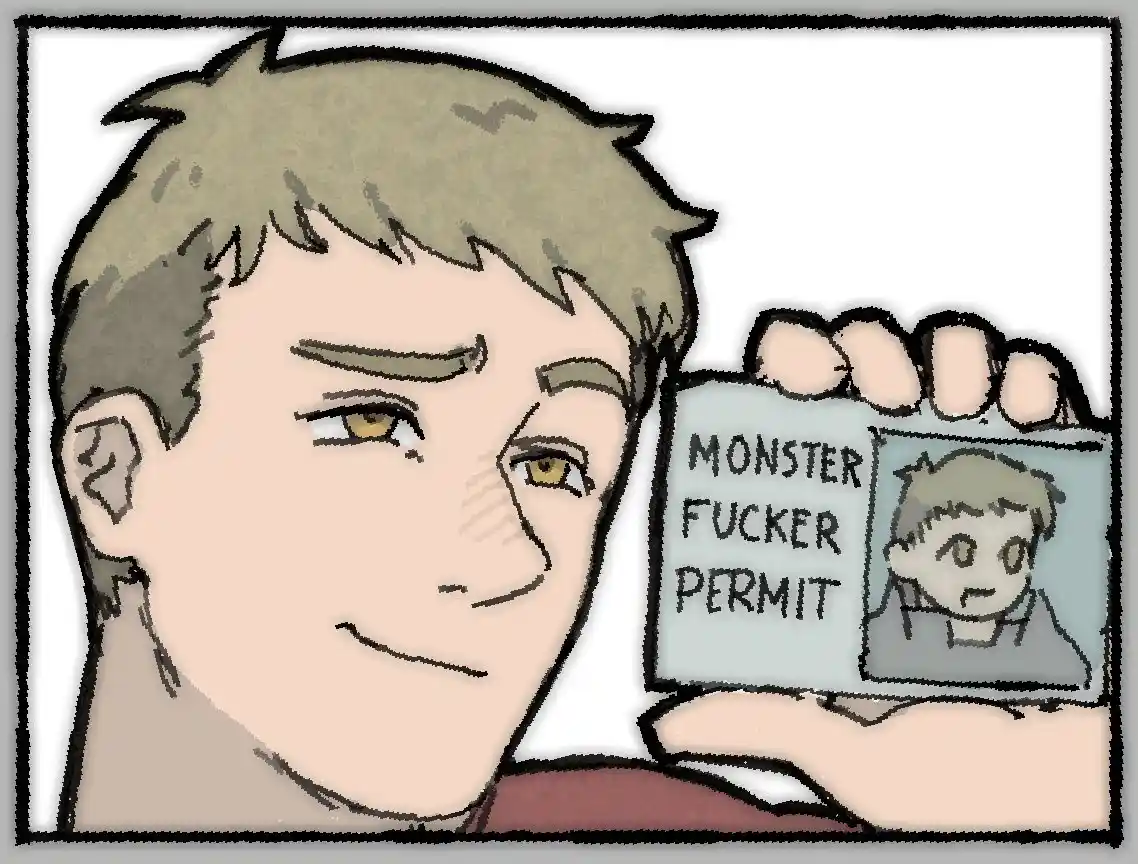 A cartoon man with messy brown hair and a smug expression holds up a fake ID card labeled 'MONSTER FUCKER PERMIT' with a…