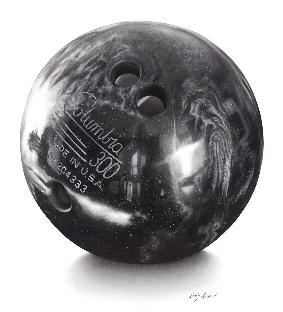 A highly detailed, realistic pencil drawing of a black and white marbled bowling ball with three finger holes, showing…