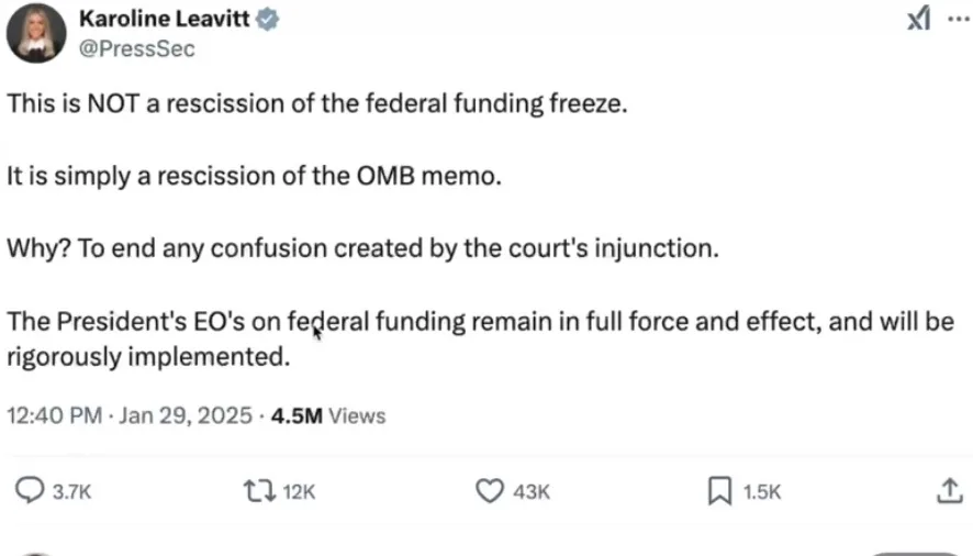 A screenshot of a tweet from Karoline Leavitt (@PressSec) dated Jan 29, 2025, clarifying that a rescission is not of the…