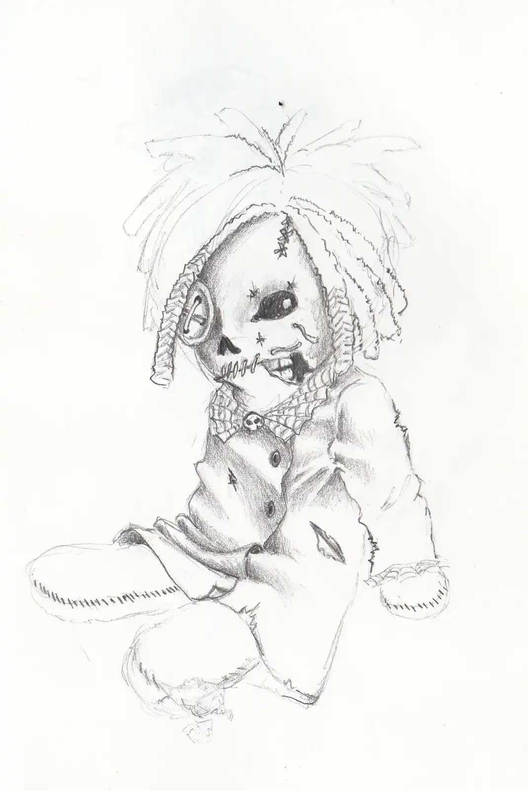 A pencil sketch of a disturbing, stitched-up doll with wild hair, a skull-like face, and a spiderweb-patterned bowtie…