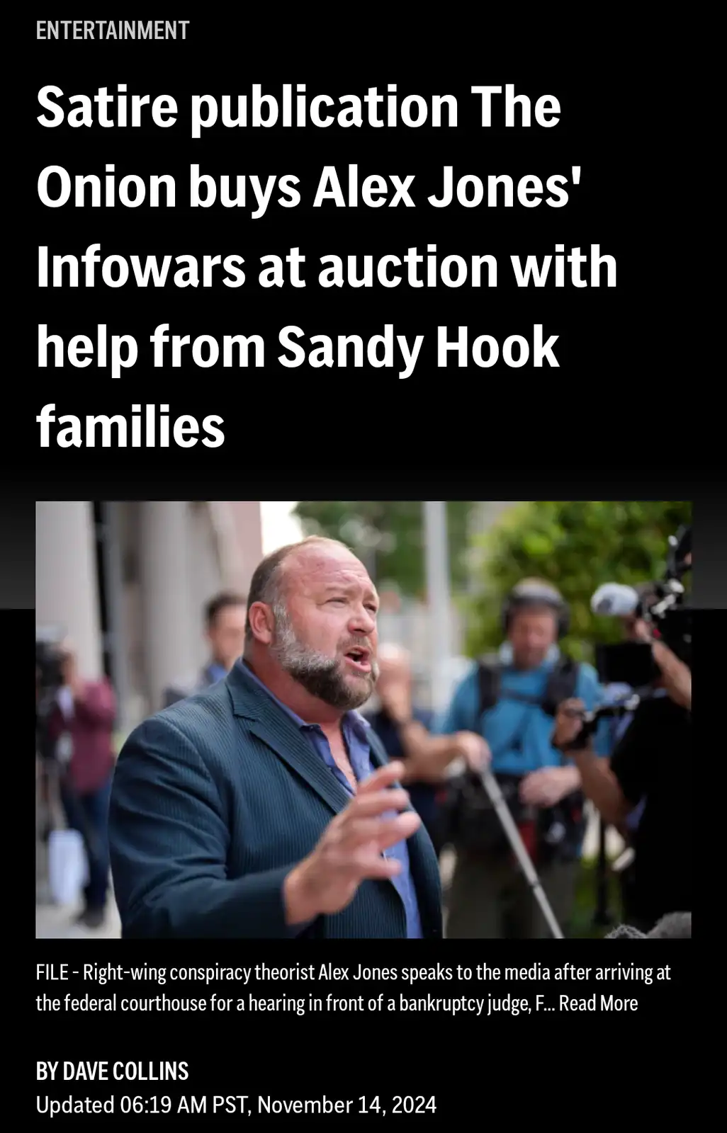 A satirical news article headline from 'The Onion' is overlaid on a photo of Alex Jones speaking to the media. The headline…