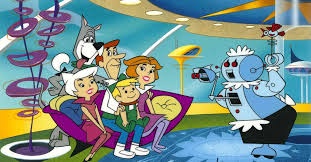 A cartoon family sits on a purple couch in a futuristic living room while a robot with a white dome head and black body…