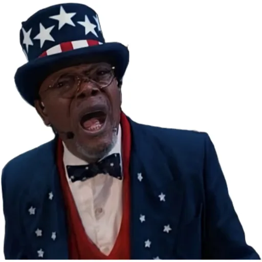 A man wearing a patriotic Uncle Sam-style hat with stars and stripes, a blue star-spangled jacket, red vest, and bow tie, is…