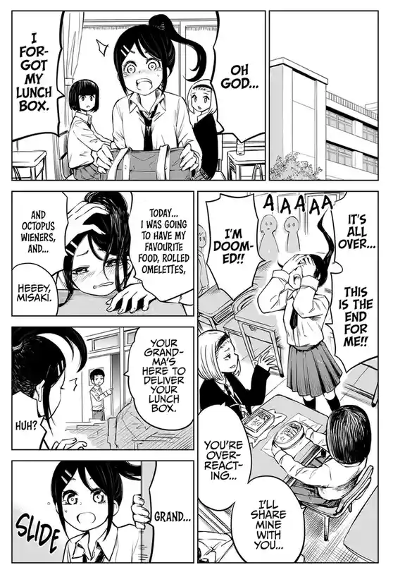 A manga panel shows a girl panicking because she forgot her lunchbox, which contained her favorite foods. Her classmates…