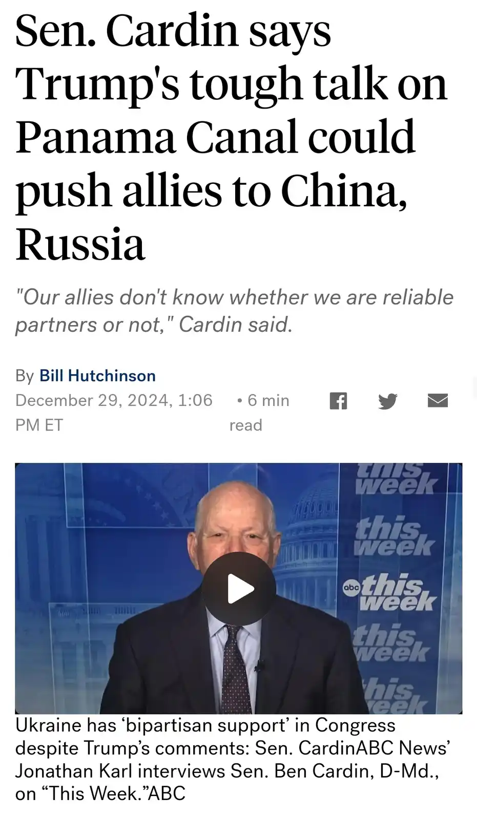 A screenshot of an ABC News article featuring a video thumbnail of Senator Ben Cardin on 'This Week.' The headline reads…