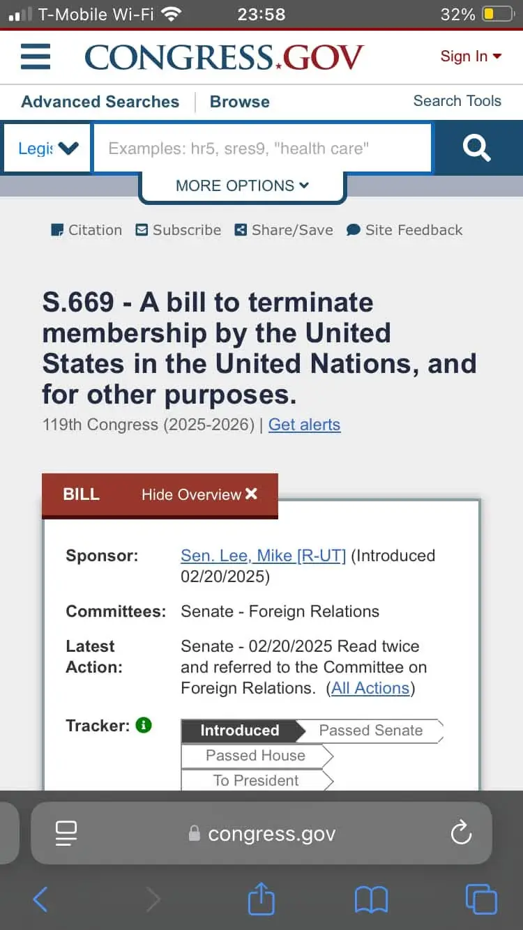 A screenshot of the congress.gov website showing bill S.669, which aims to terminate U.S. membership in the United Nations…