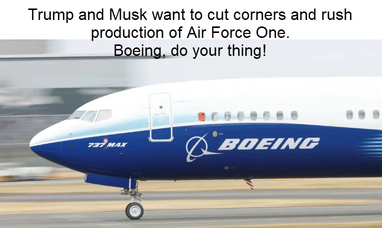 A side view of a blue and white Boeing 737 MAX airplane on a runway, with motion blur in the background. The text overlaid…
