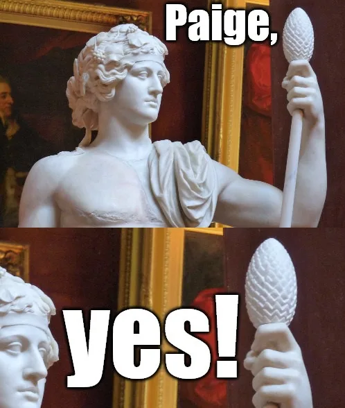 A split image shows a classical white marble statue of a woman holding a torch, with the text 'Paige,' at the top. The…