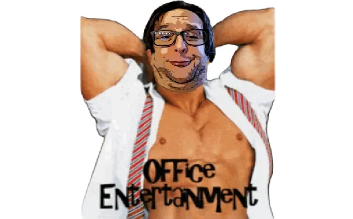 A man with glasses and a beard, shirt open, flexing his arms behind his head while wearing a tie, with the text 'Office…