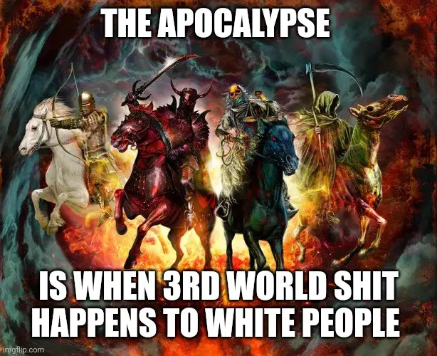 The image depicts four horsemen of the apocalypse riding through a fiery, apocalyptic landscape. Each horseman is shown with…