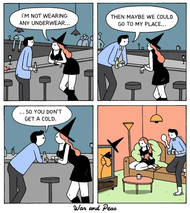 A four-panel comic strip shows a man and a witch in a bar. She says she's not wearing underwear, he suggests going to her…