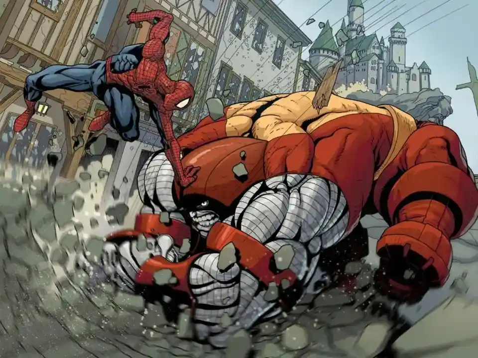 Spider-Man is shown mid-air, kicking a giant, orange-skinned, rock-like humanoid creature named The Thing who is crashing…
