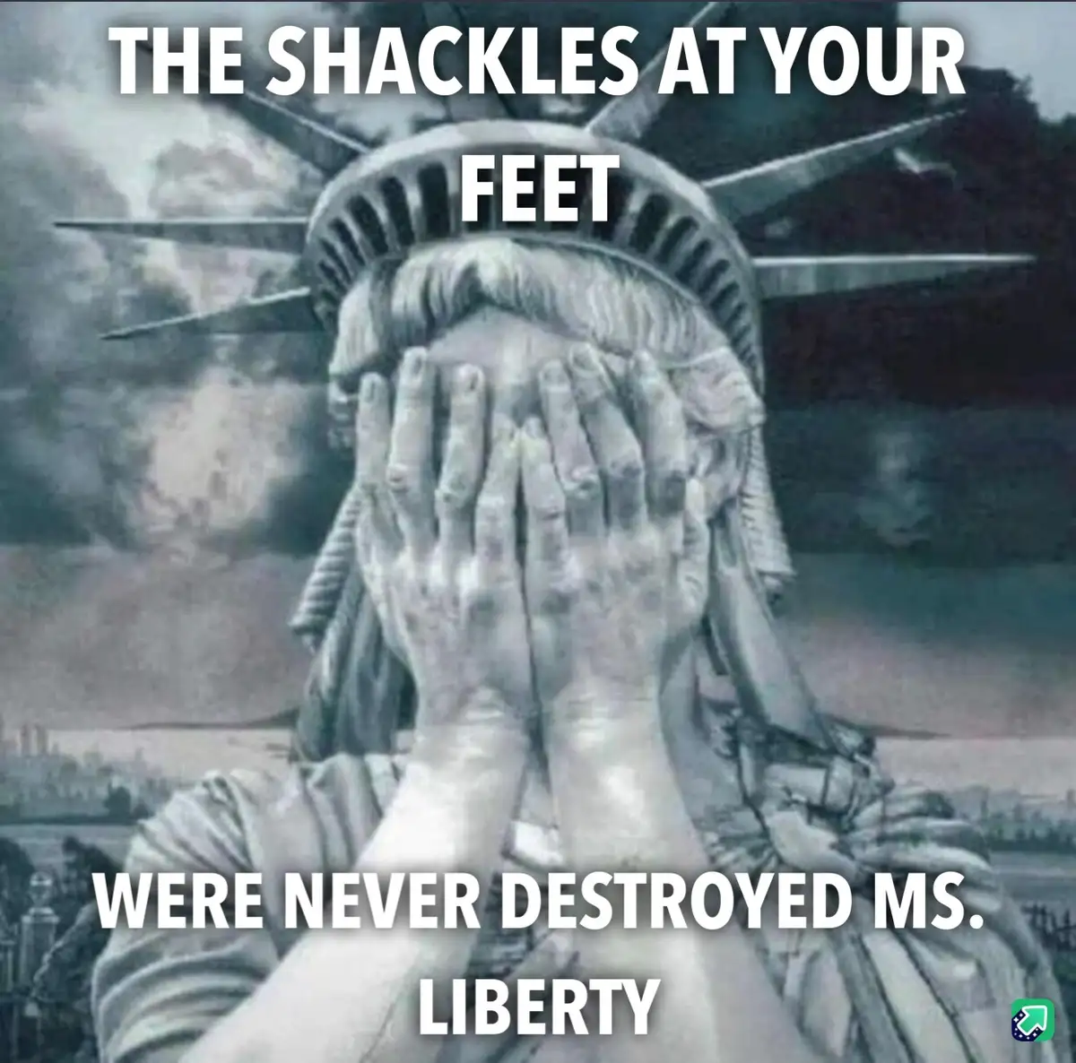 A grayscale image of the Statue of Liberty with her hands covering her face, conveying distress or shame. The overlaid text…