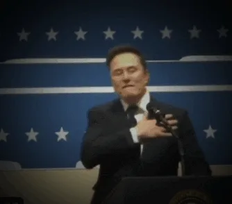 A six-frame sequence shows a man in a dark suit and tie standing at a podium against a blue backdrop with white stars and…