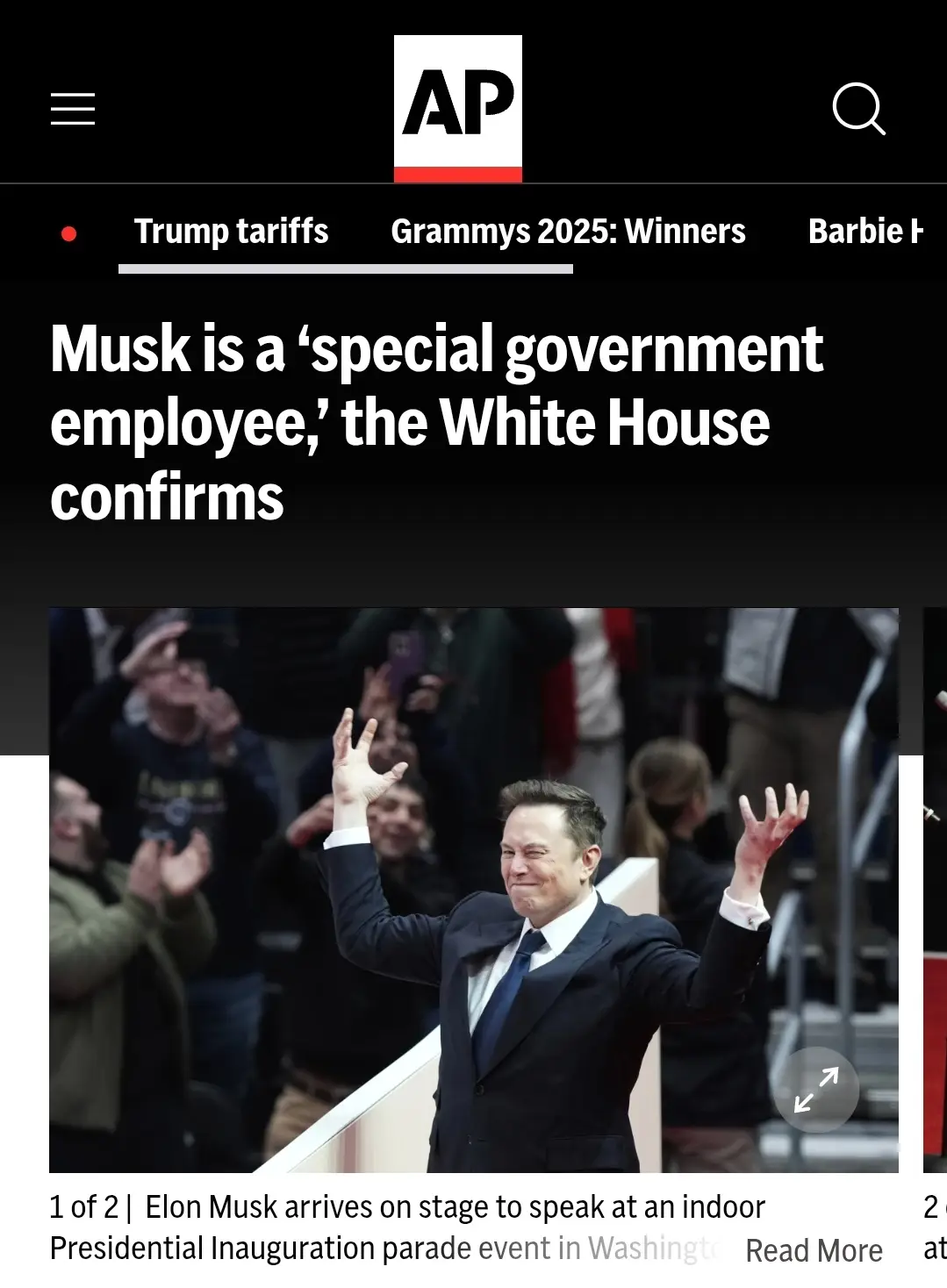 An AP news article screenshot shows Elon Musk waving to a crowd while wearing a suit. The headline reads 'Musk is a 'special…