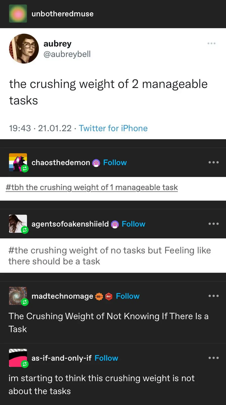 A screenshot of a Twitter thread showing a user named 'aubrey' posting 'the crushing weight of 2 manageable tasks' at 19:43…