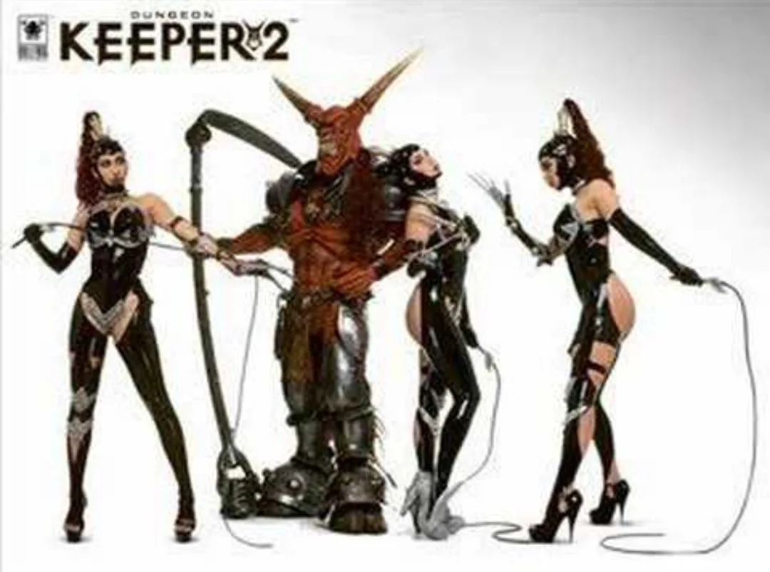 The image shows promotional artwork for the video game 'Dungeon Keeper 2', featuring a central demonic figure with horns and…