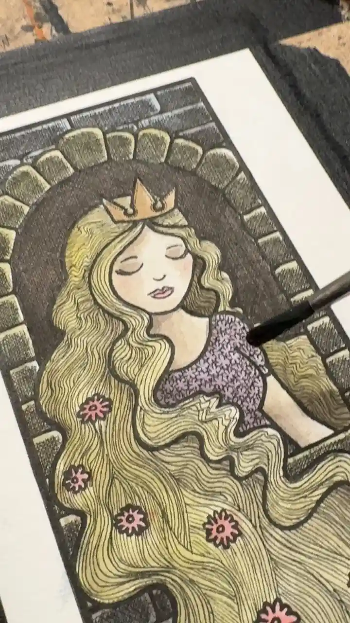 A hand-drawn illustration shows a serene, crowned woman with long blonde hair adorned with pink flowers, framed by a stone…