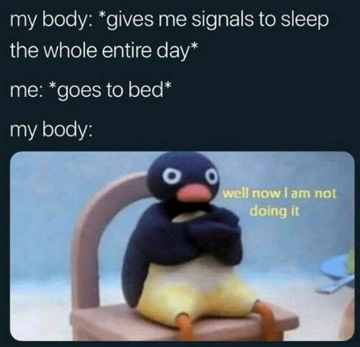 The image shows a claymation penguin character sitting on a wooden chair with its arms crossed, looking annoyed. The text…