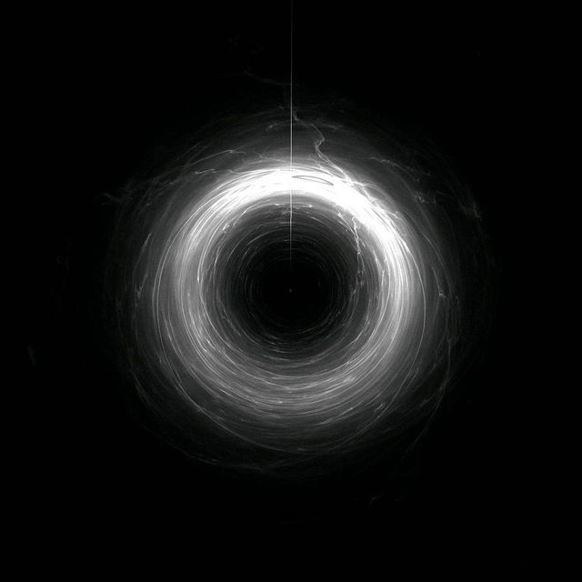 A black and white image of a swirling, glowing cosmic ring, resembling a black hole's accretion disk, with a thin vertical…