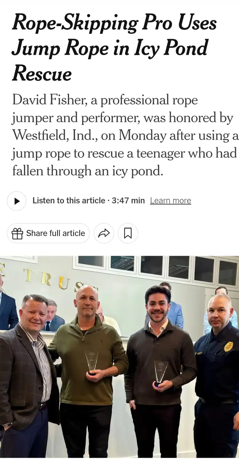 An article headline reads 'Rope-Skipping Pro Uses Jump Rope in Icy Pond Rescue' above a photo of four men holding awards…