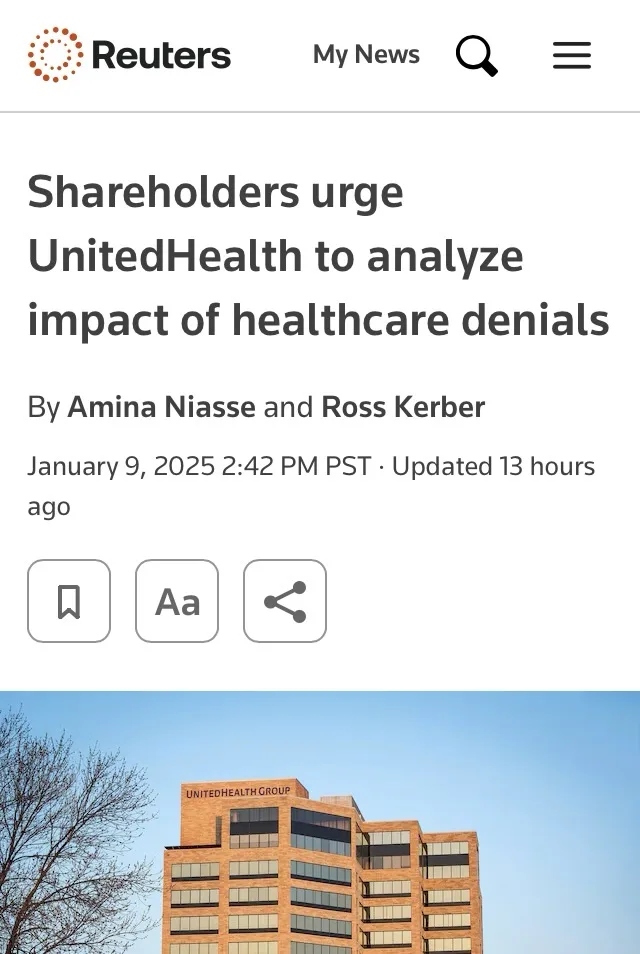 A screenshot of a Reuters news article from January 9, 2025, with the headline 'Shareholders urge UnitedHealth to analyze…