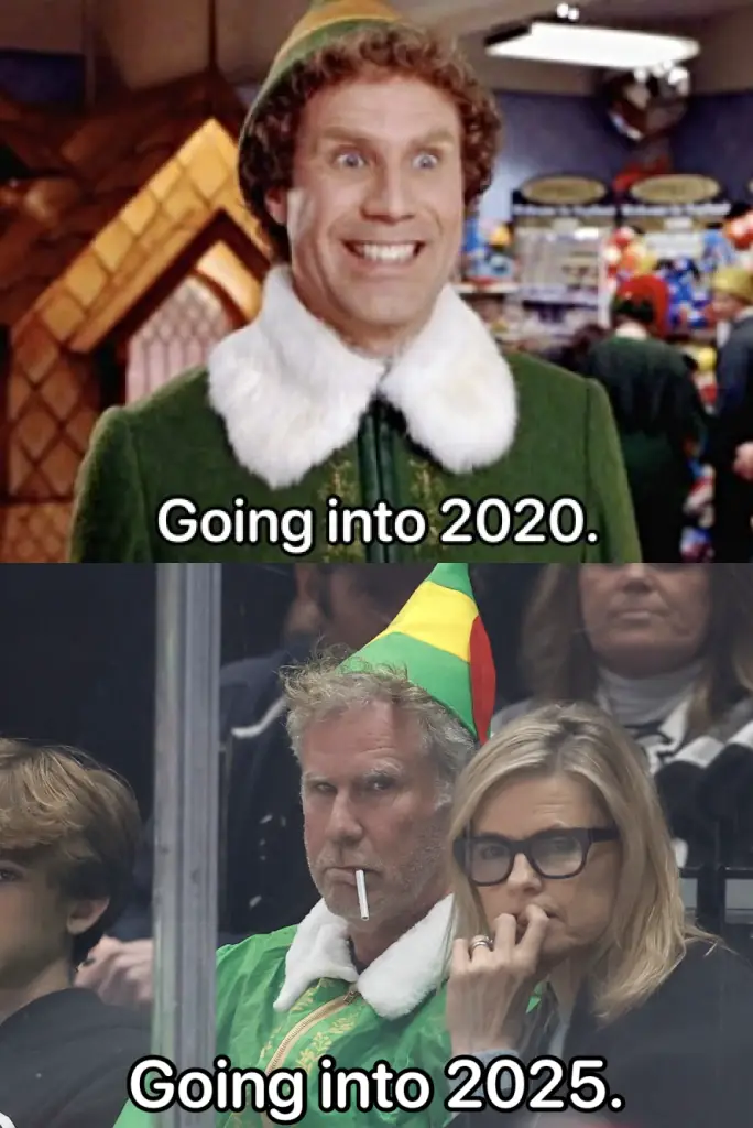 The top panel shows actor Will Ferrell as the character Buddy the Elf from the movie 'Elf,' smiling widely while wearing his…