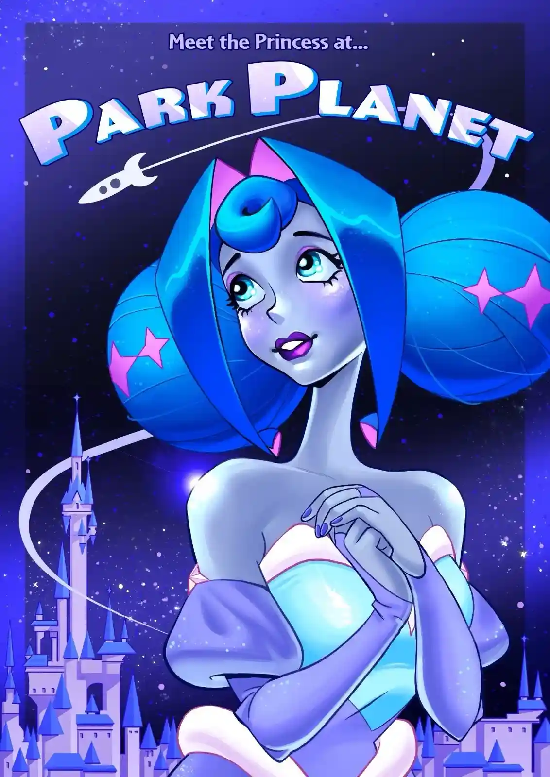 A stylized illustration of a blue-skinned princess with large pigtails and star-shaped decorations, set against a starry…