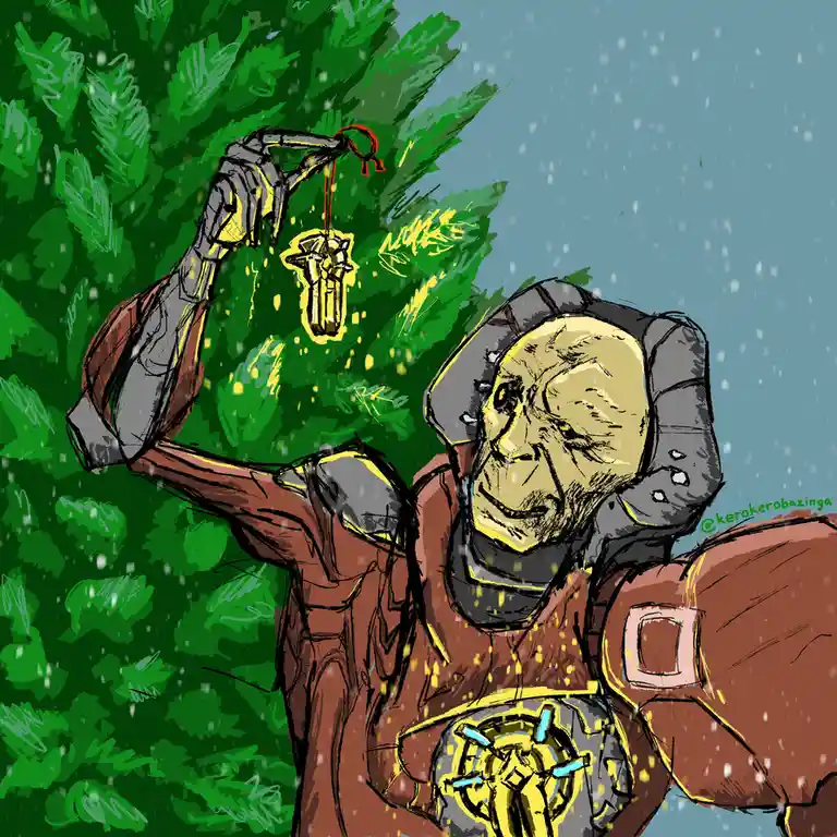 A cartoon drawing shows a character resembling a Mandalorian warrior with a yellowish face and grey armor, hanging a golden…