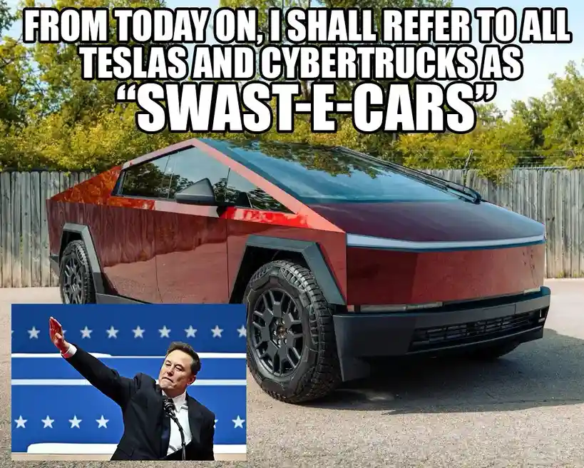 A red Tesla Cybertruck is parked outdoors with a wooden fence in the background. In the bottom left corner, there's a small…