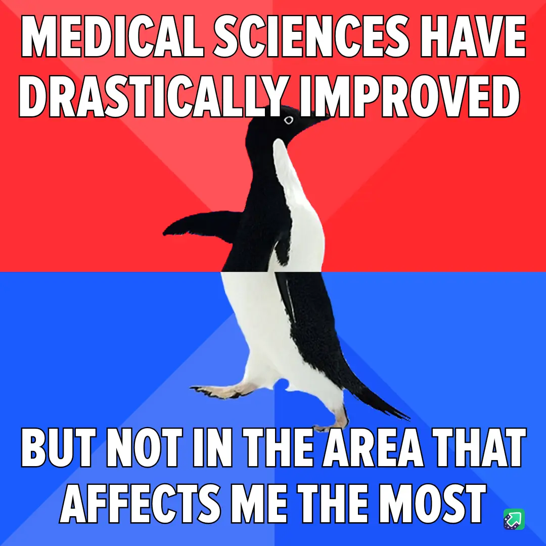 A black-and-white penguin stands centered against a red-and-blue background, with bold white text at the top stating…