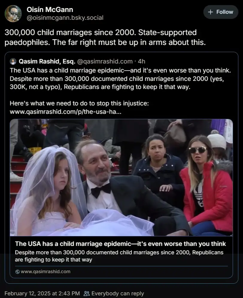 A screenshot of a social media post shows a photo of a young girl in a white wedding dress and veil sitting next to an older…