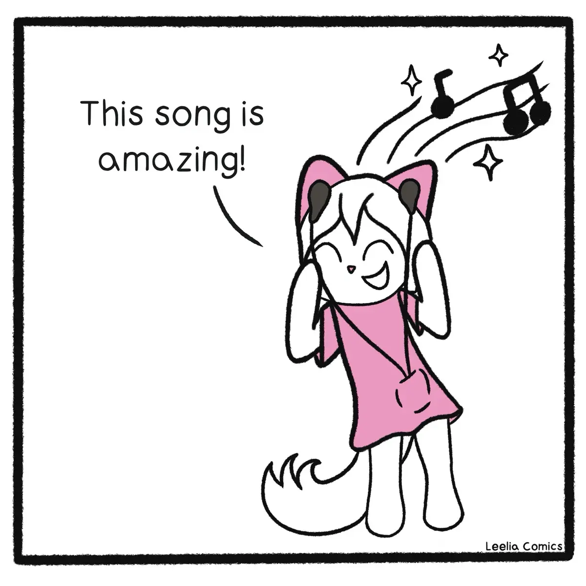 A cartoon cat girl with pink ears and a pink dress is joyfully dancing and listening to music with headphones, with musical…