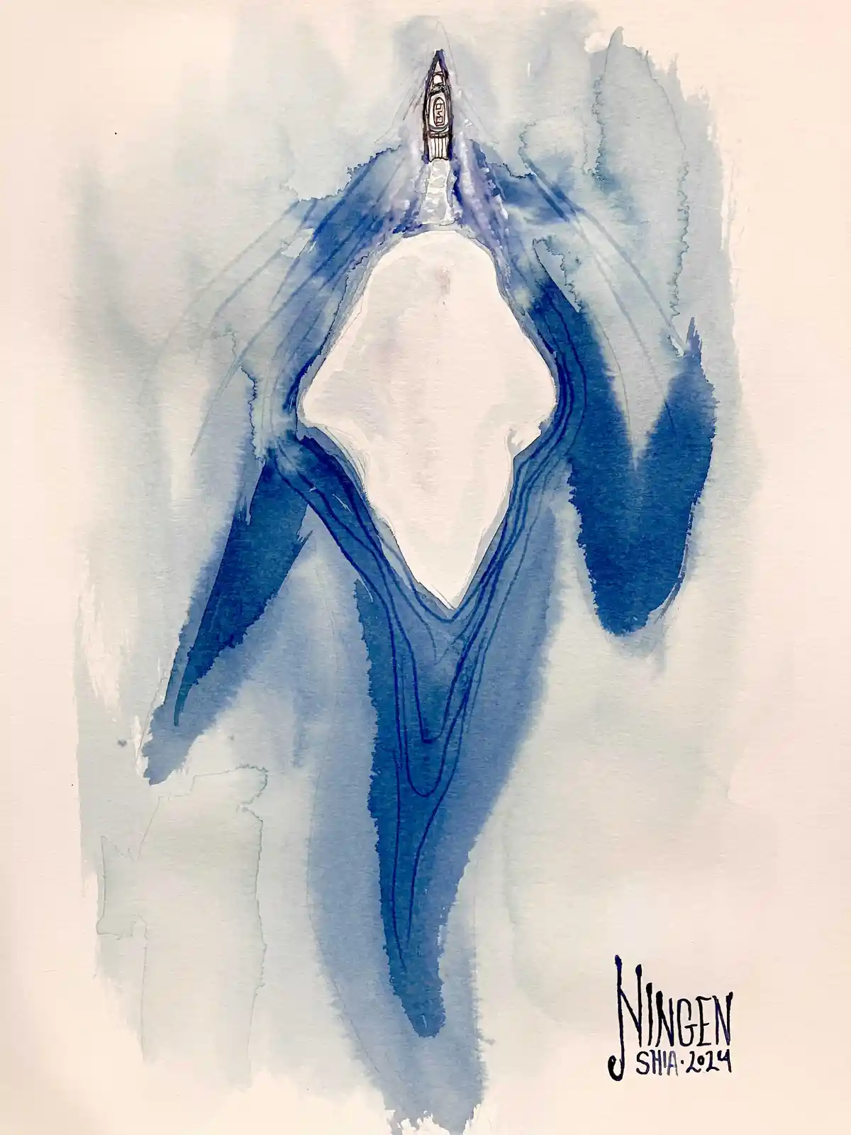 A watercolor painting depicts a small boat navigating through deep blue water, leaving a white wake that forms the shape of…