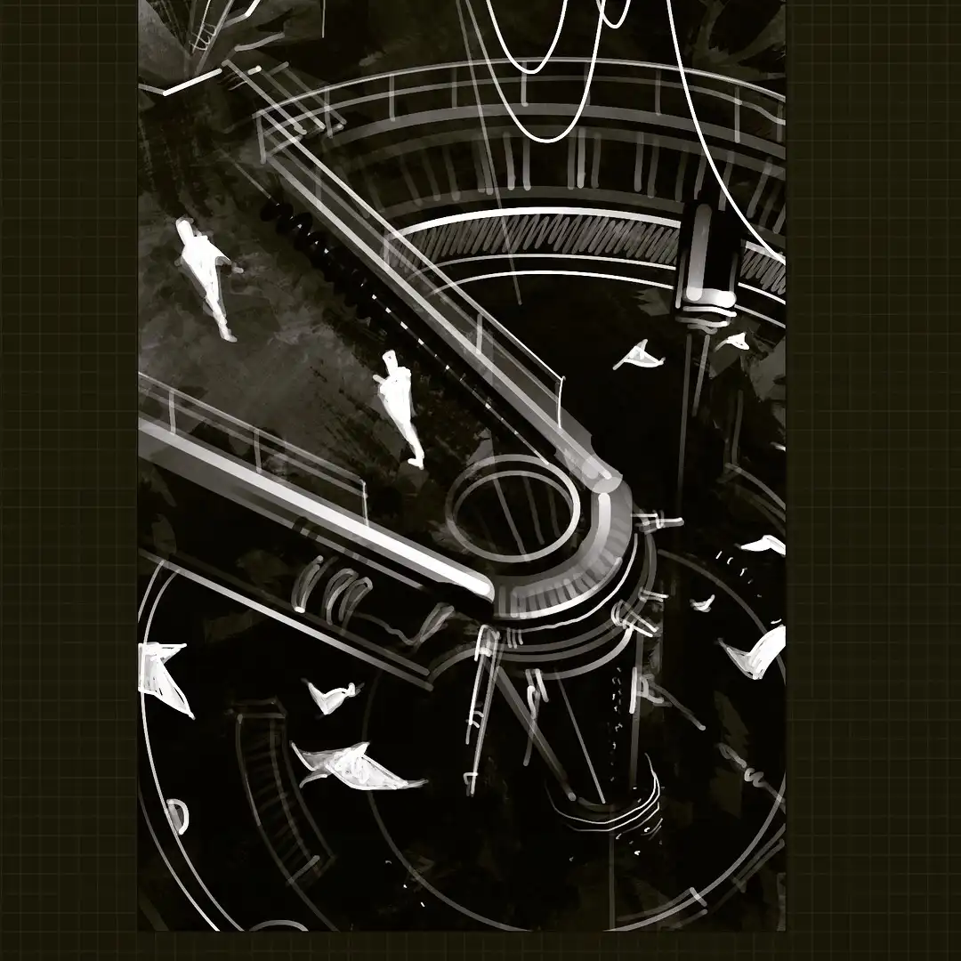 A black-and-white, stylized illustration depicts a complex, futuristic interior with angular platforms, railings, and…