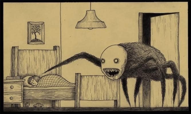 A sepia-toned, hand-drawn illustration depicts a child sleeping in a wooden bed while a large, hairy, spider-like monster…