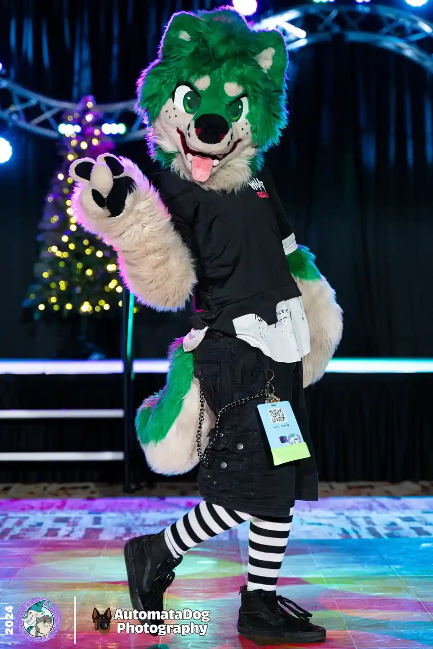 A person in a green and white wolf fursuit with a black t-shirt, black shorts, and striped socks poses on a colorful stage…