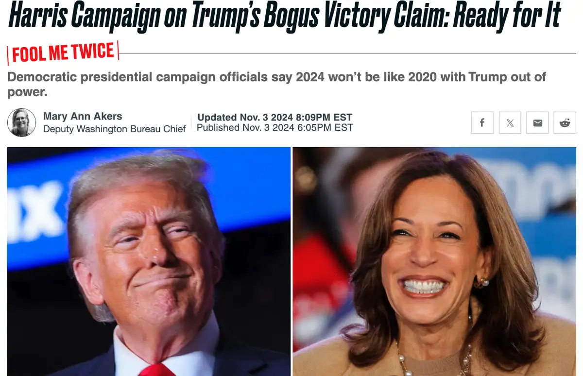 A screenshot of a news article with side-by-side photos of Donald Trump and Kamala Harris. Trump is on the left with a smug…