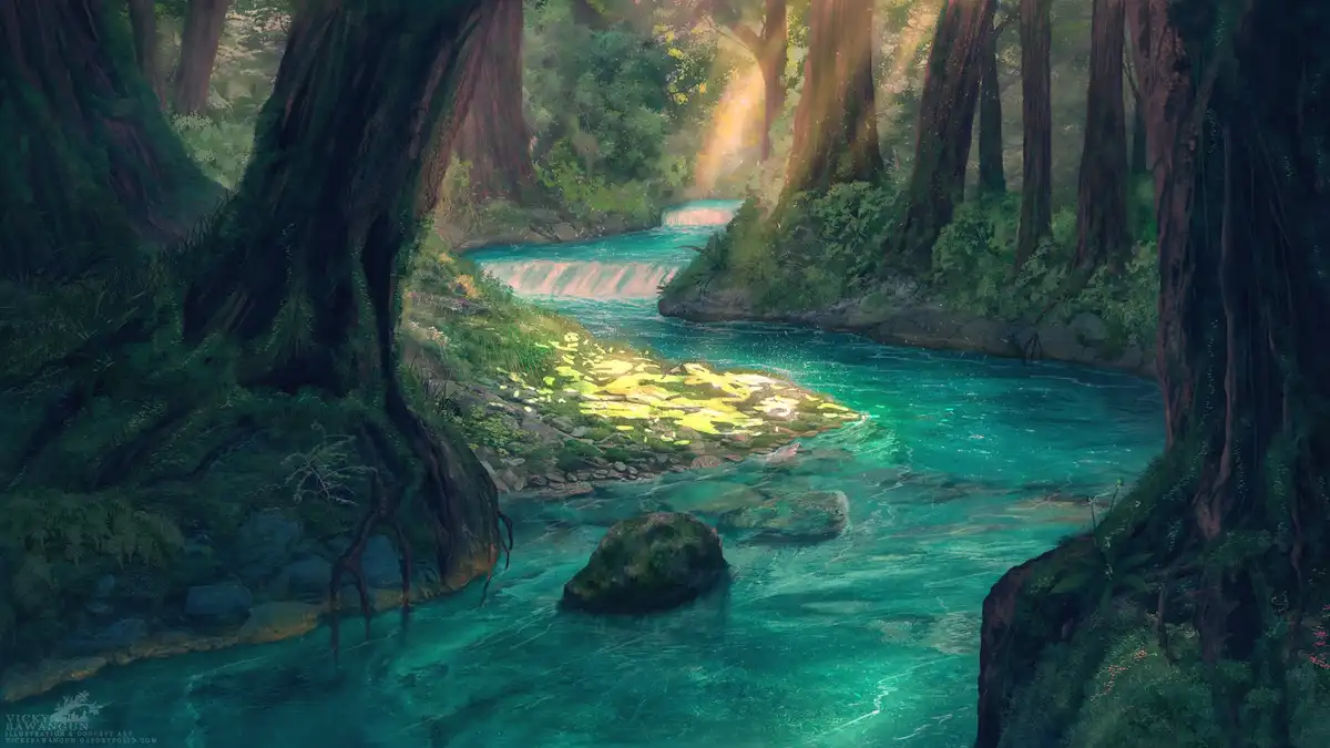 A serene, painterly fantasy scene depicts a glowing turquoise river flowing through a dense, moss-covered forest with…