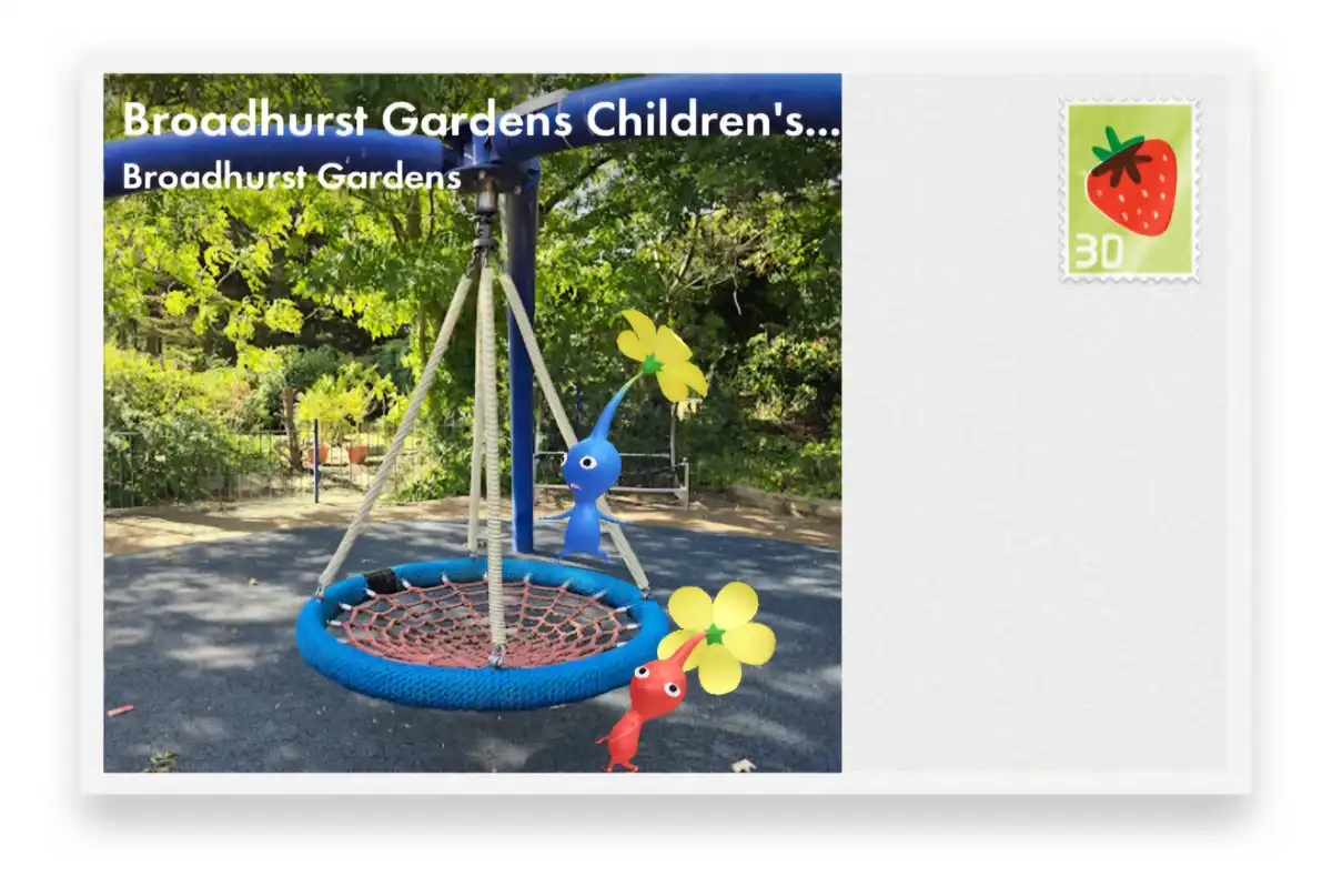 A postcard-style image shows a real playground with a blue net swing at Broadhurst Gardens, overlaid with two cartoonish…