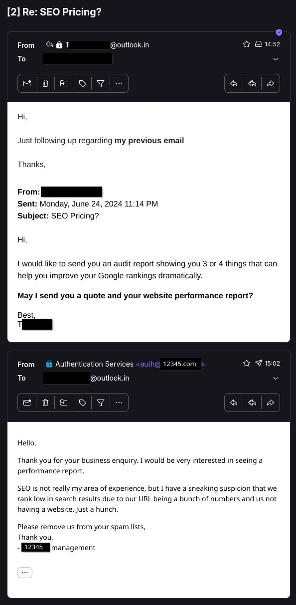 The image displays two email screenshots. The first is a follow-up from a client asking for an SEO audit and quote. The…