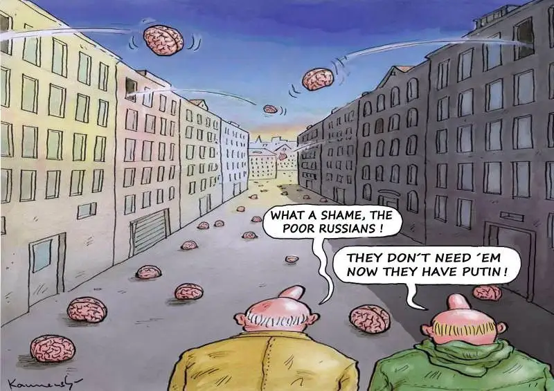 Two bald men in jackets stand at the end of a city street littered with floating and scattered brains. Speech bubbles above…