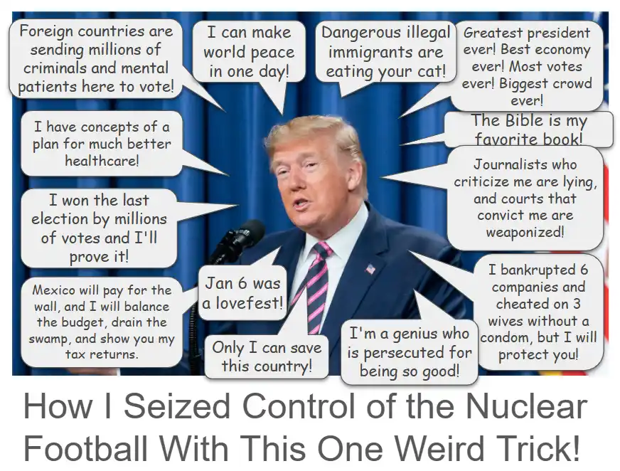 A photo of Donald Trump speaking at a podium with multiple speech bubbles around him containing various false or exaggerated…