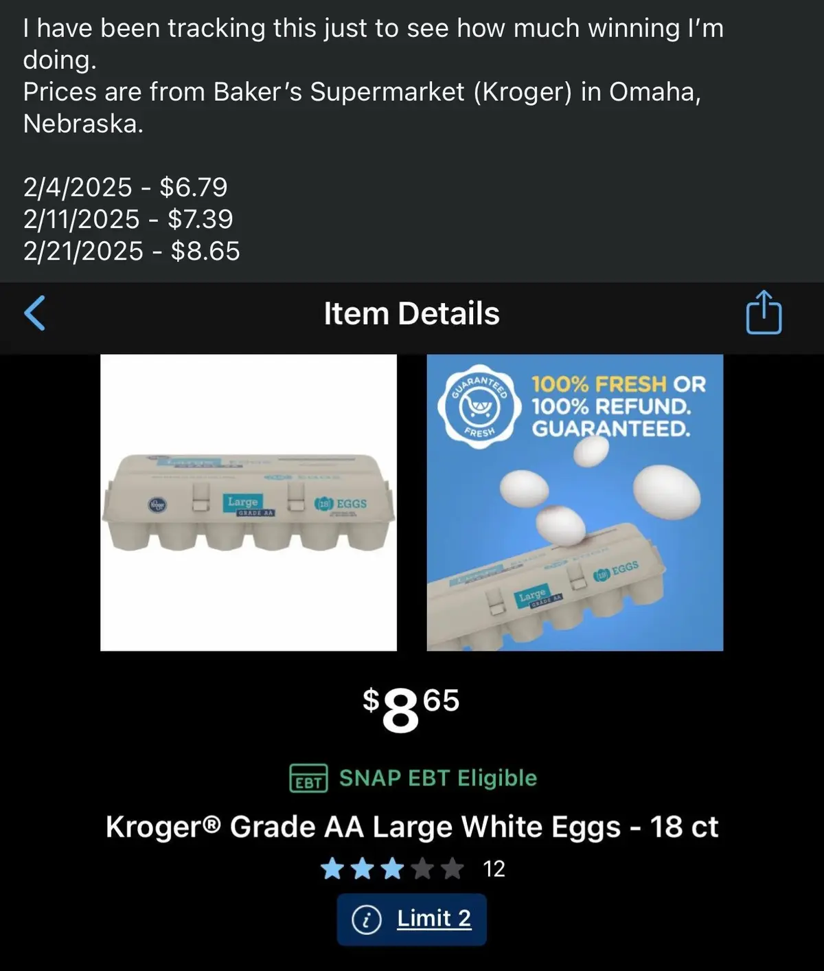 A screenshot of a Kroger grocery app showing a carton of Grade AA Large White Eggs priced at $8.65, with a history of rising…