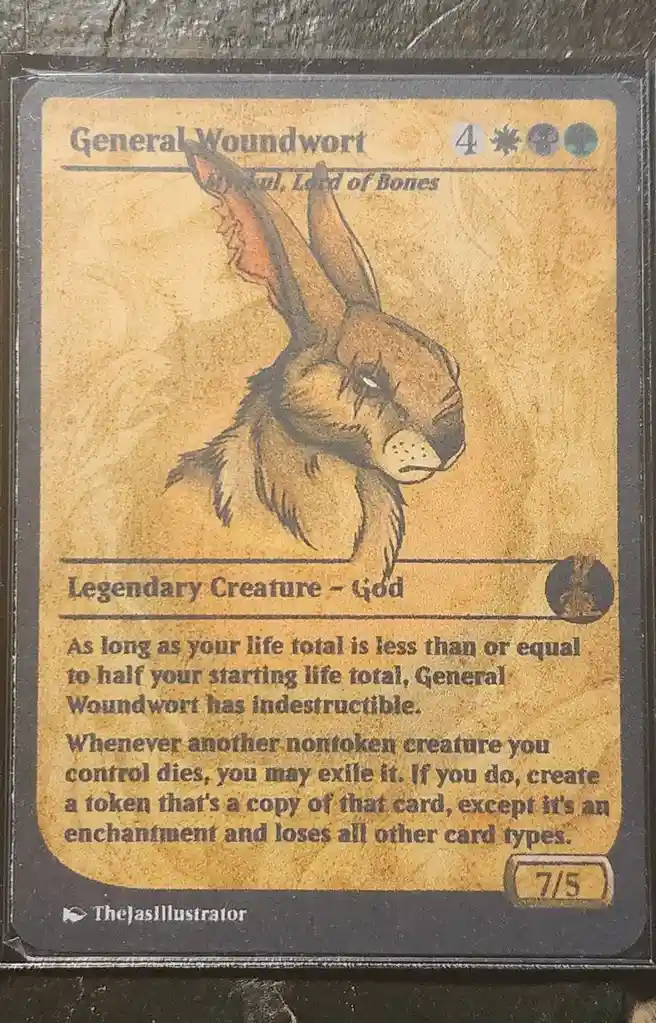 A custom Magic: The Gathering-style card featuring a tired-looking rabbit-like creature named 'General Woundwort, the foul…