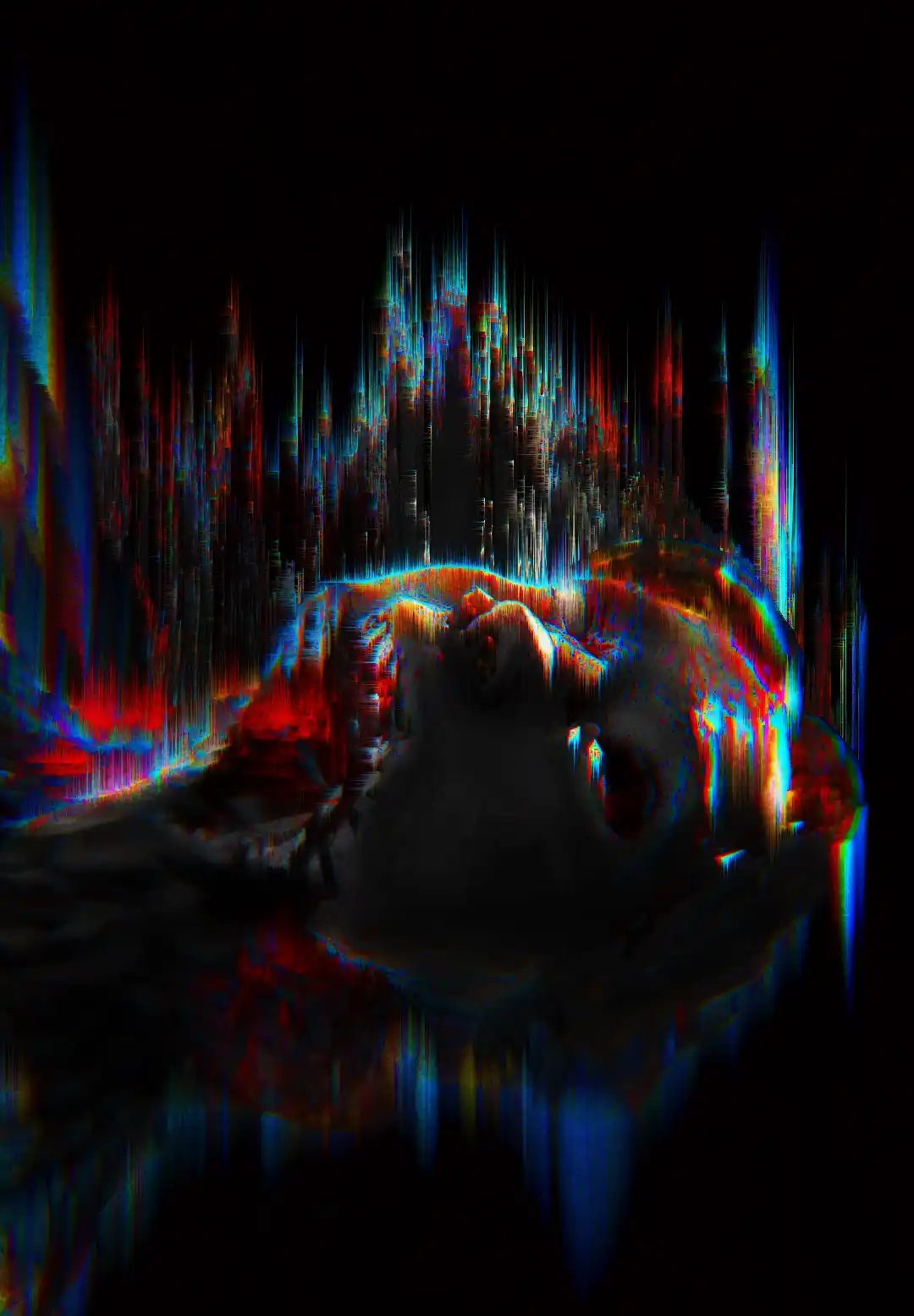 A distorted, glitch-art image of a person's face, heavily corrupted with vertical chromatic aberration and digital noise…