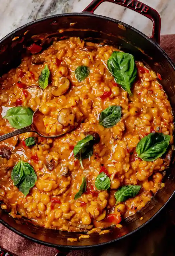 A close-up photo shows a rich, creamy orange risotto with mushrooms, red peppers, and fresh basil leaves in a dark red…